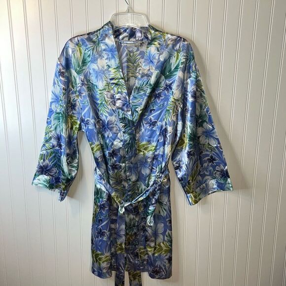 Vtg Maidenform Robe Women’s XL Blue Floral 3/4 Sleeve Open Front Waist Tie - Picture 1 of 11